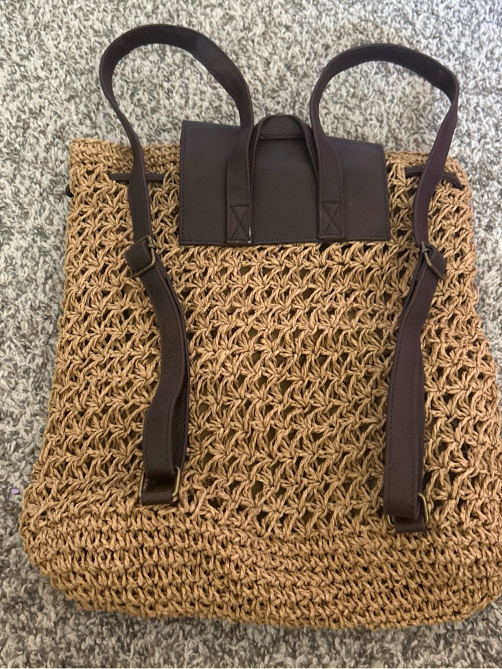 Crown Vintage Woven Straw Backpack with Dark Brown Leather Flap - Picture 3 of 6